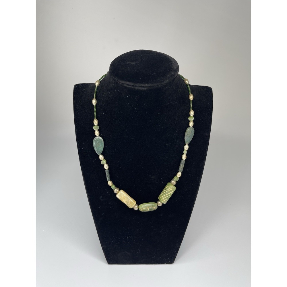 Vintage Green Beaded Necklace Artisan Statement Gemstone Look Boho Women